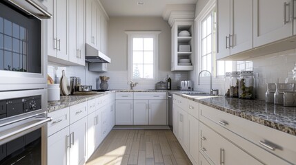 A sleek kitchen with white cabinets, granite countertops
