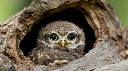 Obraz premium Adorable baby owl peering from tree hollow.