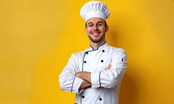 Smiling Caucasian male chef in white uniform and hat with arms crossed against yellow background