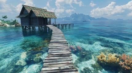 Fototapeta premium An island with a wooden pier that extends over calm, clear waters, leading to a small hut background wallpaper AI generated image