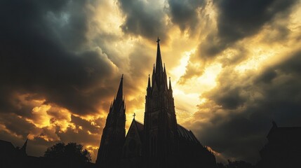 Fototapeta premium A Gothic cathedral towering spires silhouetted against a dramatic stormy sky