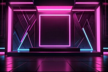 Futuristic Black rectangle Stage with Glowing BLUE, red,green Neon Accents and Geometric Abstract...