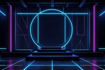 Futuristic Black rectangle Stage with Glowing BLUE, red,green Neon Accents and Geometric Abstract...