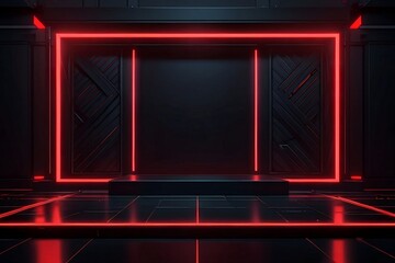 Futuristic Black rectangle Stage with Glowing BLUE, red,green Neon Accents and Geometric Abstract...