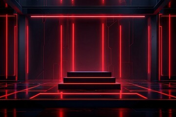 Futuristic Black rectangle Stage with Glowing BLUE, red,green Neon Accents and Geometric Abstract...