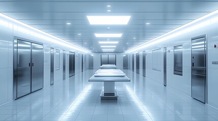 Obraz premium Modern hospital morgue interior, focusing on themes of death, autopsy, and funeral services, presented as a 3D render with copy space 