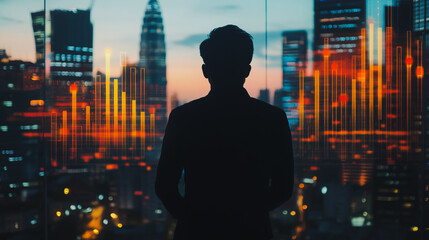 Abstract business man stands on the peak of success amid tall, innovative Smart city and graphs with statistics to analyze business potential and predict future developments in company growth.