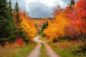 Naklejka premium Autumnal Road Through Vibrant Foliage