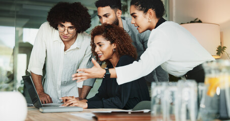 Collaboration, laptop and project management with happy business people in office for design discussion. Computer, meeting and web development with employee team in workplace to complete task