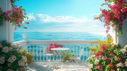 Fototapeta premium Ultra detailed balcony facing the ocean, featuring a dining table