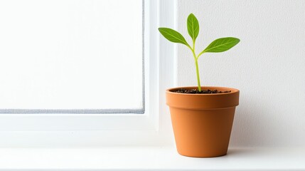 Fototapeta premium A small green plant with two leaves grows in a terracotta pot, positioned on a windowsill with light coming through.