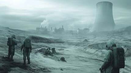 A barren landscape after a nuclear crisis, with a destroyed power plant in the background, wallpaper AI generated image