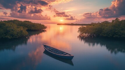 Obraz premium Quiet island with tranquil lagoon surrounded by mangroves, with traditional wooden canoes background wallpaper AI generated image
