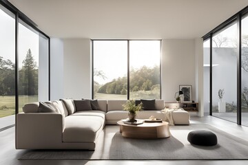 Fototapeta premium Modern living room interior with sofa and empty white wall as a background.