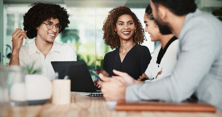 Collaboration, laptop and web development with business people in office for design discussion. Computer, meeting and project management with employee team in workplace for planning or strategy