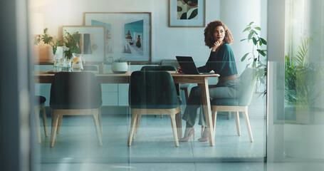 Laptop, thinking and businesswoman in office for project proposal at creative startup company....