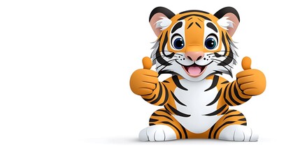 Obraz premium Cute Tiger Cub Thumbs Up Cartoon Illustration - Cute animal characters