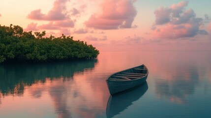 Obraz premium Quiet island with tranquil lagoon surrounded by mangroves, with traditional wooden canoes background wallpaper AI generated image