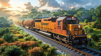Fototapeta premium Freight Train Sunset Landscape, Railroad - Golden Hour Photography