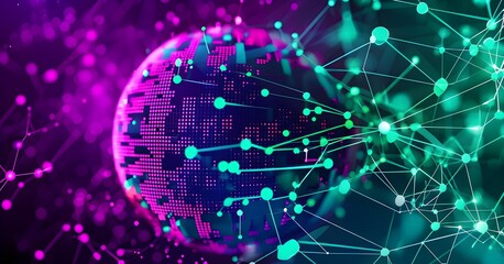 Obraz premium ball breaking into pixels and data points, morphing into a network of neural nodes; clean and futuristic