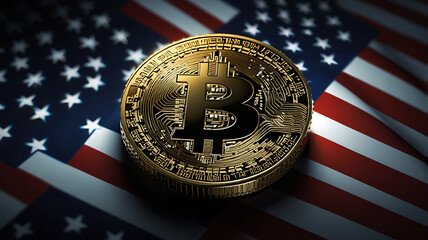 Golden bitcoin coin resting on a faded american flag
