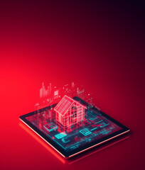 Futuristic Tablet Displaying Real Estate Data on Red Background