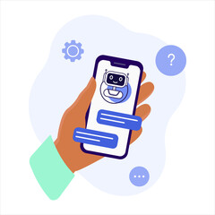 Hand holding smartphone and speaking to virtual assistant, chatting AI app on smartphone. Vector illustration chat bot.