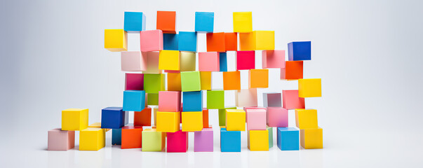 Colorful building blocks create a playful structure with vibrant patterns on a bright background