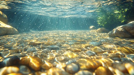 Underwater scene of sunlit riverbed with pebbles and plants.