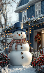 Naklejka premium A cute looking snowman is in the yard
