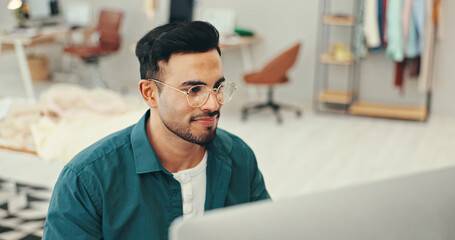 Obraz premium Fashion designer, creative or man on computer for planning clothing style or startup product. Small business, Indian entrepreneur or research project for information for online ideas and blog trends