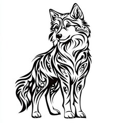 Obraz premium Intricate black and white tribal design of a standing wolf with flowing fur patterns