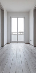 Fototapeta premium Spacious room with light wooden flooring and large windows overlooking the cityscape