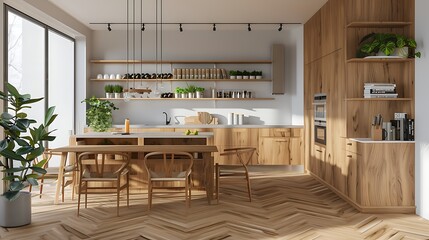 Modern kitchen interior with dining table and chairs, parquet floor, bookshelf, wooden furniture