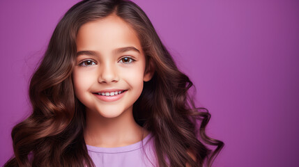 Naklejka premium Portrait of smiling latin american girl child with purple background.
