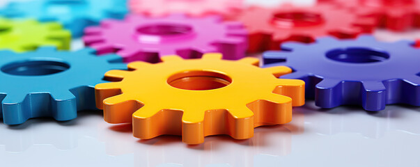 Colorful plastic gears arranged on a surface, illustrating creativity and engineering concepts in a playful manner