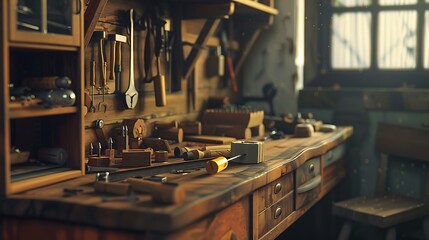 Show a woodworking station with tools, wood pieces, and instructional guides. 