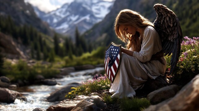 Angel with American Shield in Mountainous Landscape
