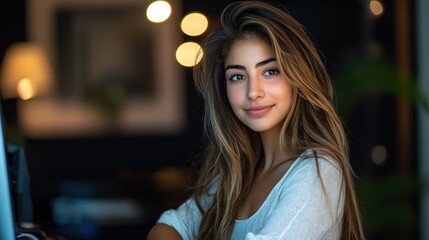 Fototapeta premium Portrait of a Young Woman with Long Brown Hair, Smiling and Looking at the Camera