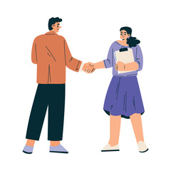 Man and Woman Character Shaking Hands after Completed the Deal Vector Illustration