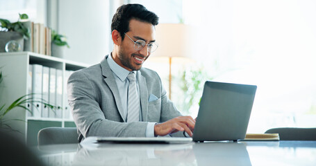 Typing, laptop and smile with business man in office for online, research or corporate governance...