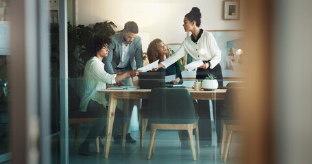 Coaching, collaboration and documents with business people in office together for project...