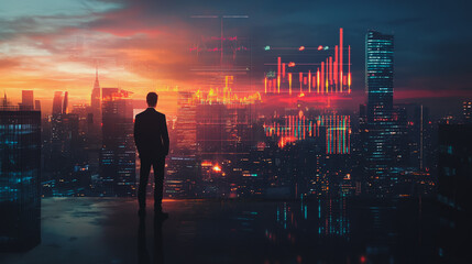 Fototapeta premium Abstract business man stands on the peak of success amid tall, innovative Smart city and graphs with statistics to analyze business potential and predict future developments in company growth.