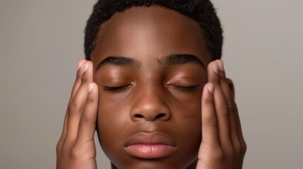 Fototapeta premium Young man experiencing intense head pain while pressing his fingers to his temples for relief
