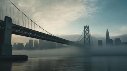 Naklejka premium Golden Gate Bridge partially covered in morning mist, with the San Francisco skyline peeking through