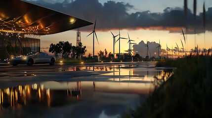 Naklejka premium A city scene with a large building and a few cars