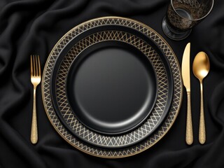 Elegant dining setting featuring black plates with gold accents on a black silk tablecloth for a...