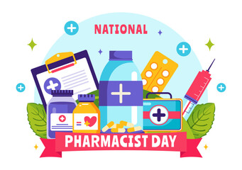 Fototapeta premium World Pharmacists Day Vector Illustration Featuring a Doctor, Medicines, and Pills in a Healthcare Themed Flat Style Cartoon Background