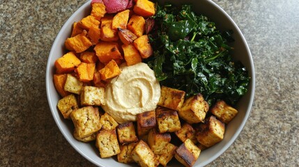 Fototapeta premium Delicious Vegan Bowl Roasted Sweet Potatoes Tofu and Kale