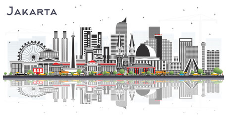 Obraz premium Jakarta Indonesia City Skyline with Gray Buildings and reflections Isolated on White. Business Travel and Tourism Concept with Historic and Modern Architecture. Jakarta Cityscape with Landmarks.